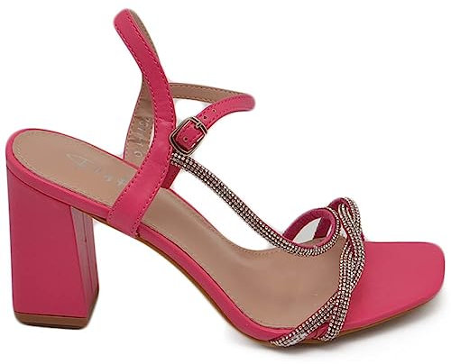 Sandalo Donna Ecopelle Fucsia Gioiello Argento Sabot Aperto Dietro con Chiusura Caviglia Tacco 7cm Incrociato sul Piede (38 EU)