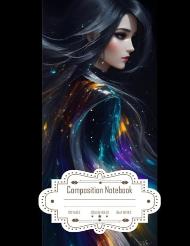 Composition Notebook College Ruled: Night Vision Effect with Elegant Gray Wave Long Hair Girl, Delicate and Stylish Makeup, Art Déco Style Dress, Size 8.5x11 Inches, 120 Pages