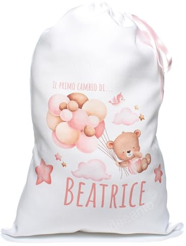 Sacchetto porta corredino personalizzato con il nome del tuo bambino bambina chiusura a coulisse sacca primo cambio neonato (Rosa)