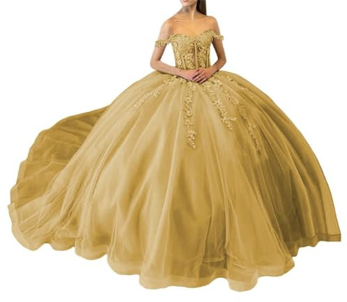 Vestidos de quinceañera con lentejuelas brillantes, con encaje y hombros descubiertos, vestido de baile de tul hinchado de princesa, dorado, 34