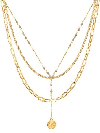 Lulu & Jane Damen Kette Metall-Legierung gelbgold | gelbvergoldet 14 Karat, Ankerkette/Panzerkette/Gliederkette, Karabinerverschluss, 3-reihig