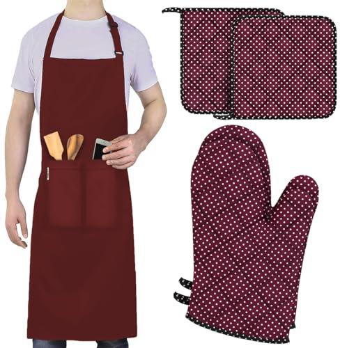 LEFUNDA® Set di 5 con 2 Guanti da Forno e 2 Presine, 1 grembiule da cucina, Cotone, Resistenti al Calore, Guanti da Griglia Antiscivolo, Presine in Cotone per Arrostire, Cucinare, BBQ, Morbida (Rosso)