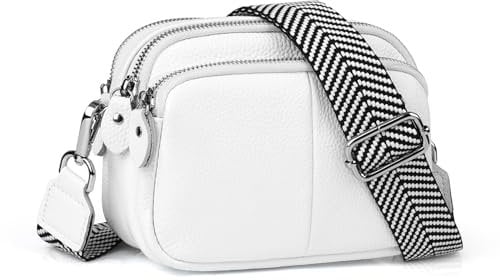 befen Genuine Leather Ladies Cross-Body Bag Over the Shoulder Bag Women White Camera Handbag Crossbody Mobile Phone Bag Purse with Multiple Pockets-White