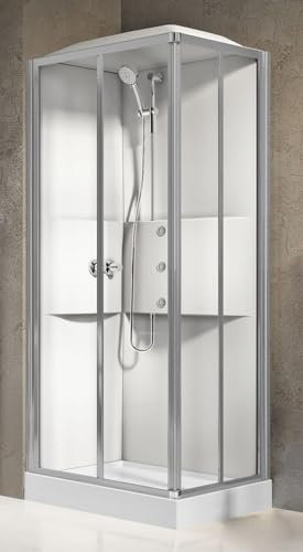 Novellini Media 2.0 A Idromassaggio Tettuccio Soffione 90x70 cm Cabina Doccia Multifunzione Apertura Scorrevole Montaggio DX SX Miscelatore Termostatico Vetro Trasparente Profilo Silver Altezza 226cm