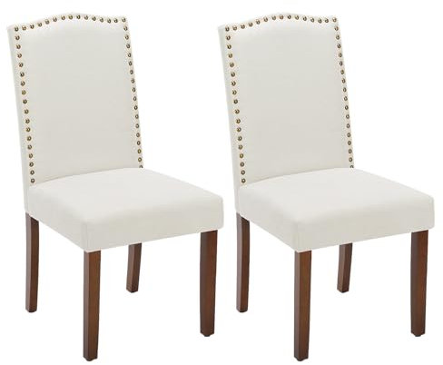 Sweetcrispy Esszimmerstühle 2er-Set, hochwertiger gepolsterter Esszimmerstuhl aus Leder mit Nagelkopfbesatz und Holzbeinen, Esszimmerstuhl für Schlafzimmer, Wohnzimmer, Esszimmer, Weiß