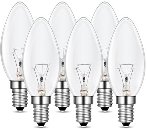 6 Pack E14 Small Screw Candle Light Bulbs, Dimmable SES E14 Light Bulb, Warm White 2700K, AC 220-240V, 400 Lumen, Clear C35 Candle Bulbs, for Ceiling Chandelier, Desk Lamp