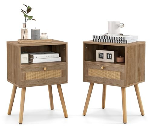 COSTWAY Lot de 2 Tables de Nuit en Rotin, Table de Chevet Bois avec Tiroir, 4 Pieds en Pin, Design Cannage, Compartiment Ouvert, Style Bohème, Table d'Appoint Scandinave pour Salon, Chambre