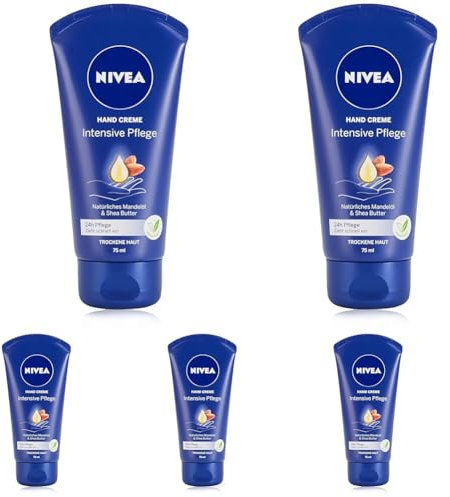 NIVEA Intensive Pflege Hand Creme (75 ml), reichhaltige Hautcreme mit Mandel-Öl für intensive Feuchtigkeit, Handpflege mit dem einzigartigen NIVEA Duft (Packung mit 5)