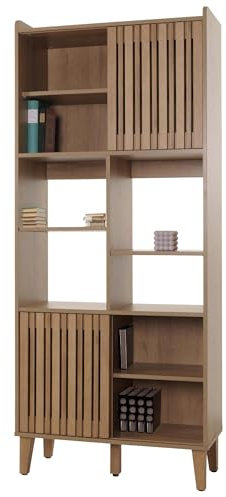 Mendler Bücherregal HWC-M48, Bücherschrank Hochschrank, Schiebetür 8 Staufächer MDF 178x75x35cm - Natur