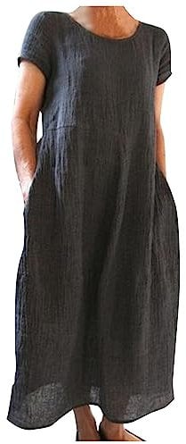 Chnnamzu Robe Lin Femme été Lâche Longue à Manches Courtes Et Col Rond Couleur Unie Bohème Légère De Plage Confort Casual SoiréE Grande Taille Pas Cher
