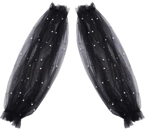 GORGECRAFT 2Pcs Removable Tulle Puff Sleeves Black Polyester White Faux Pearls Beaded Detachable Long Bridal Sleeve Lace Appliques Costume Accessory for Wedding Dress Prom Evening Party 61x22.5cm