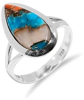 Verlobungsring Damen Sterling Silber Ring mit Naturstein Auster Kupfer Türkis für Männer Unisex Schmuck Handarbeit H-SR83-6