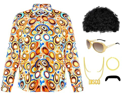 70er 80er Jahre Disco Kostüm für Herren, 70er Jahre Retro Langarm Hemden 60er Jahre Hippie Kostüm Floral Vintage Hemd Afro Perücke Halskette für Halloween Karneval Mardi Gras Party (gelb-braun, XL)