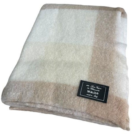 Plaid da Letto in Lana Mohair Lana, Coperta Scozzese (Beige, Singola)