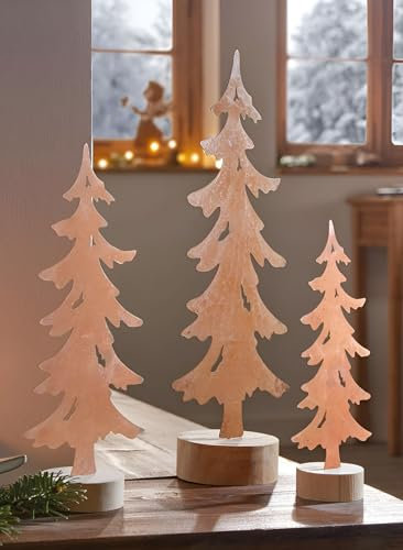 Dekoleidenschaft 3X Dekofigur Tanne aus Metall mit Echtrost, 18 + 23 + 30 cm hoch, Sockel aus Holz, Tischdeko, Tannenbaum, Weihnachtsdeko