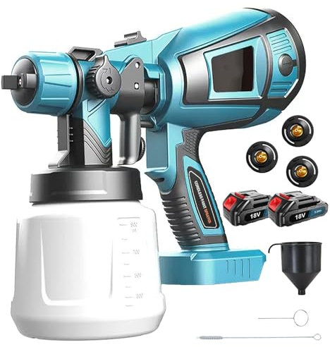 Akku Farbsprühsystem Ersatz für Makita 18V Akku, mit 2 x 3.0AH Akku und Ladegerät, 1000ml Abnehmbarer Behälter, 3 Düsen (1.0/1.8/2.5mm) und 3 Spritzmuster,zum Streichen von Wänden