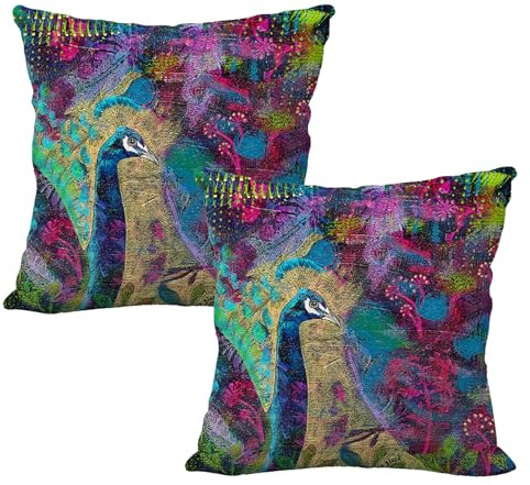 Kissenbezüge mit Pfauenmuster, 45 x 45 cm, Violett und Flieder, Blumen-Design, für Wohnzimmer, Schlafzimmer, elegantes Pflaumenmuster, Leinen, quadratisches Design, 2 Stück