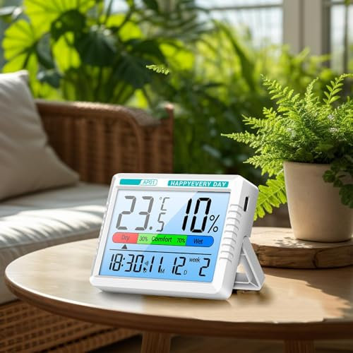Digitales Thermo-Hygrometer - Tragbares Thermometer Hygrometer Innen Mit Uhr, Temperatur Und Luftfeuchtigkeitsmesser Für Raumklimakontrolle Raumluftüerwachtung Monitor