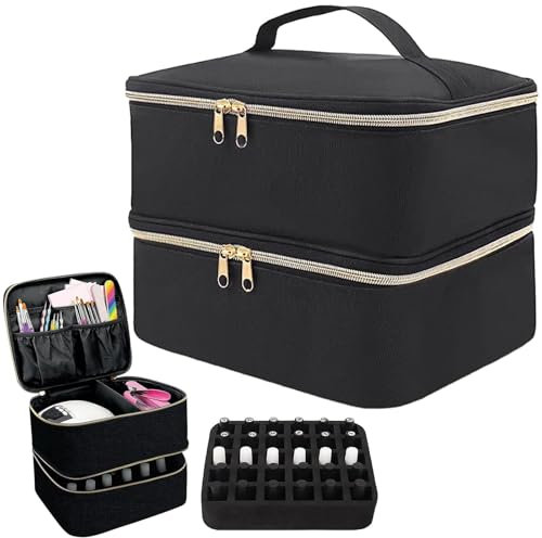 Nail Polish Organiser, Makeup Organiser, Portable Nail Varnish Storage with Handle, Black Double-Layer Design Make Up Bag, Make Up Organiser for Nail Polish and Manicure Accessories