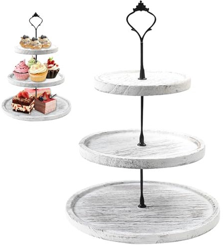 YedZen 3 Tier Round Cake Display Stand, Tiered Cupcake White Tung Wood Holder with Metal Handle, Dessert Tiered Serving Wooden Stand for Afternoon Tea, Party, Wedding, Birthday, Cake Tray Platter