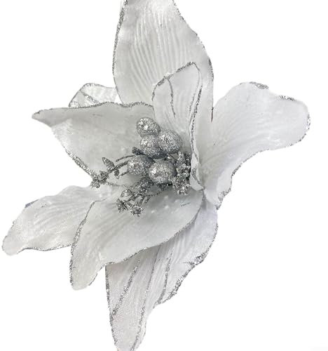 Fiori Artificiali 33 cm Fiori di Natale Artificiali, Fiore di Stella di Natale Scintillante Decorazione per Albero di Natale Ornamento Appeso, per la Festa di Natale (Bianco)