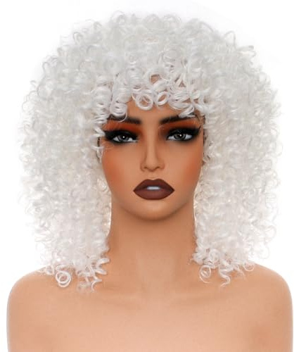 PORSMEER Lockige Afro Perücke Weiß Natürliche Kunsthaar mit Pony für Frauen Schulterlänge Afro Kinky Curly Bob Wig Volume für Schwarze Damen,35cm White