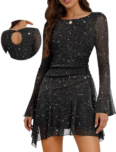 Aupuls Glitzernde Kleider für Damen, gerüschte Taille, bescheidenes Heimkehrkleid, Glockenärmel für Cocktail-Partys