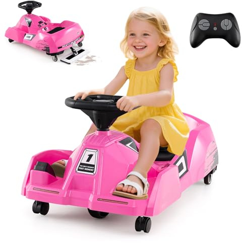 COSTWAY 3 in 1 Reinigungs Kinder Elektro Gokart, 12V Cleaning Drift Kart mit abnehmbarem Mopp, 2-4 km/h, Go Cart mit Musik, Fernbedienung & Hupe, Kinderfahrzeug Tretauto für 2-5 Jahren Kinder (Rosa)