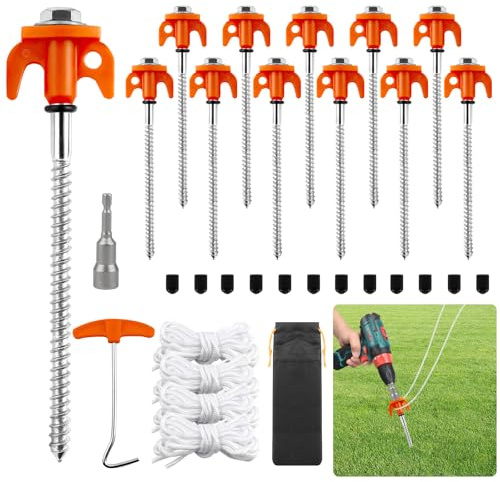 HA BIN 12x Picchetti per Tenda 20cm a Vite – Chiodi da Terra in Acciaio con Filettatura, Picchetti da Campeggio Antivento con Bussola Esagonale, Estrattore, Corde & Borsa – per Tende e Ombrellone