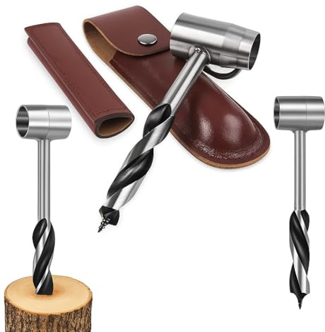 Bushcraft Bohrer Schlangenbohrer – Handbohrer mit Lederhülle für Outdoor | Handschraubenbohrer für Survival, Camping, Bushcraft-Arbeiten, Holzarbeiten und Outdoor-Projekte