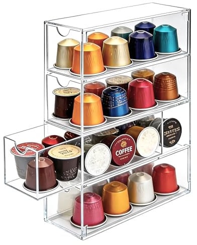 Tiroir de rangement pour capsules, Porte-capsules de café transparent, 24,7 x 17,6 x 6,6 cm en acrylique avec 4 compartiments, pour Nespresso, Tassimo, Dolce Gusto, capsules Vertuo