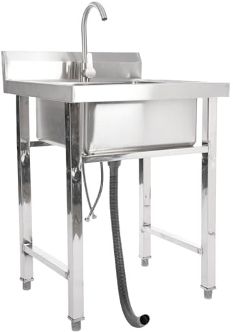 Mobile Spüle Edelstahl Spültisch Freistehende Edelstahl Spültisch 1 Becken, 60×60×93cm, Einzelspülbecken mit Warm- und Kaltwasserhähnen, Multifunktions Spülbecken mit Stützrahmen