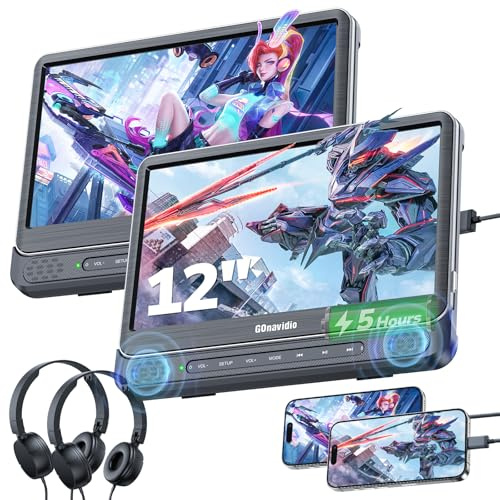 GOnavidio 12 HDMI Double Lecteur DVD Voiture indépendant, Lecteur DVD Portable avec 5 Heures Batterie,ecrans Voiture supporte la Carte USB/TF, MKV/MP4