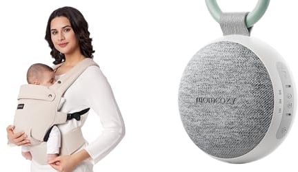 Momcozy Babytrage – Baby Carrier für Kleinkind (3-24 Monate) · Ohne Einsätze & Momcozy WN06 Tragbare White Noise Machine Baby mit Nachtlicht – Weißes Rauschen Gerät für Neugeborene
