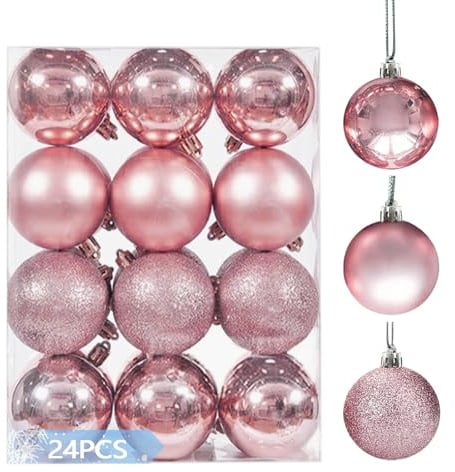 Weihnachtskugeln Set, 24 Stück, 4cm Durchmesser, Bruchsicher, 3 Stile, Christbaumschmuck für Weihnachten/Halloween/Hochzeit/Geburtstag (Rose Gold)