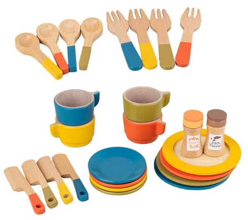 LIXSAZSE Ensemble de Couverts et d'assiettes de Cuisine pour Enfants, 16 pièces, pour Encourager Le Jeu rôle et développer Les compétences sociales Autour du thé. Service Vaisselle en Bois pour Les
