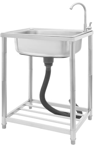 60x45x82 cm Évier de cuisine indépendant en acier inoxydable avec robinet pivotant à 360°, profondeur de 17 cm 1 bac Meuble évier mobile pour lavabo extérieur, capacité de charge 50 kg, longueur du