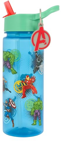 Marvel Avengers Water Bottle with Straw, Blue, 500ml, Polypropylene, with Keyring Charm Featuring Hulk, Captain America, Thor, Iron Man, Black Panther