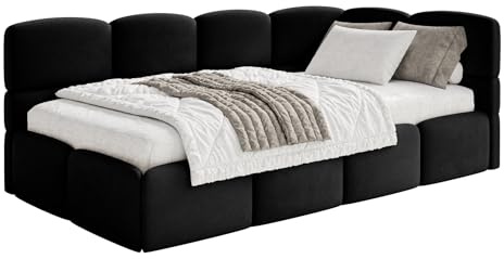 Selsey Jugendbett 120x200cm Schwarz mit Matratze und Lattenrost, gepolstertes Polsterbett mit Stauraum und Bettkasten, Jugendbett rechtsseitig mit Eckkopfteil, Kinderbett 120x200 für Jugendzimmer