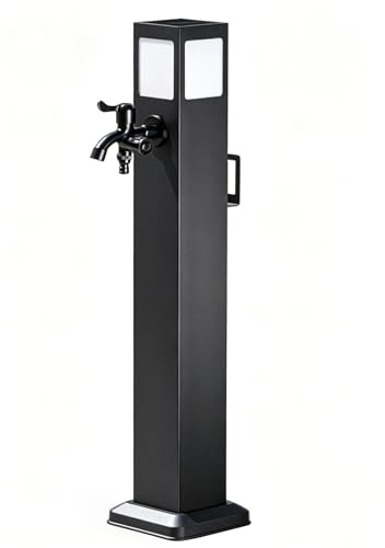 Fuente Jardín de Pie, Grifo Jardin Decorativo, Soporte de Manguera de Jardín Independiente de Acero Inoxidable, Columna de Agua Vertical Antigel con Luz Solar y Base Estable(80cm/31in)