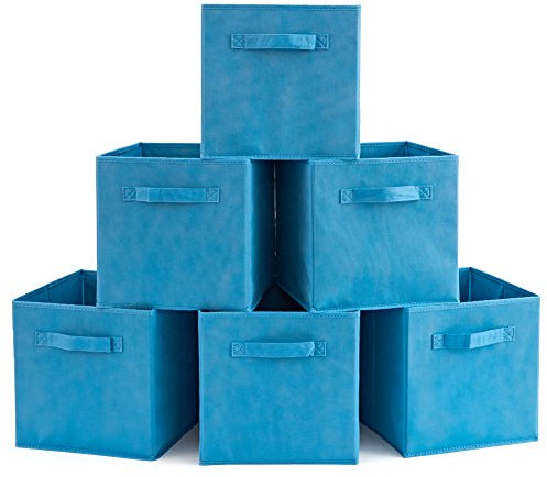 Set of 6 EZOWare Collapsible Fabric Storage Cube Organiser Bins, Collapsible Basket with Handles for Home, Kids Baby Nursery Room, Closet Toys Organisation, 26.7 x 26.7 x 27.8 cm/Niagara Blue