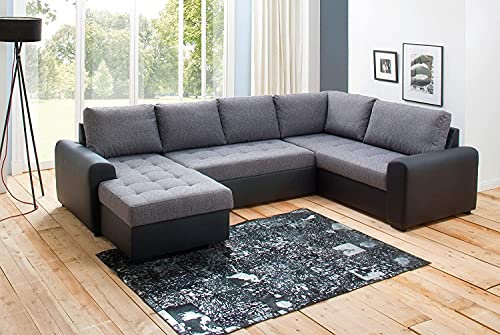 Avanti Trendstore - Merlin - Ecksofa mit Schlaffunktion und integriertem Bettkasten aus Mikrofaser, grau/schwarz, Lange Ottomane Links oder rechts bestellbar (Lange Ottomane Links)