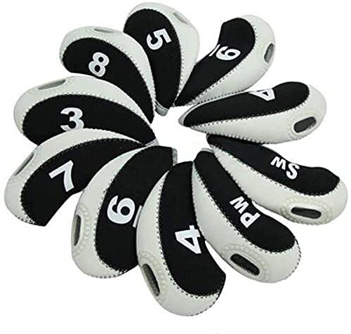 FLTRADE Golf Iron Head Covers 3-9 A/SW/PW Elastic Neoprene Material with Number Tag Protect Case For Irons Pack of 10,Black & White