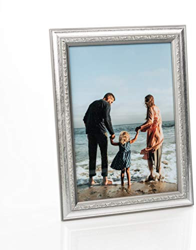 Cadre Photo en Bois Style Baroque pour Photos A4 - 21x29.7 cm Cadre Argenté en Verre pour De Beaux Souvenirs | Cadre Photo Autoportant pour Affichage Mural & de Table, Format Vertical & Horizontal