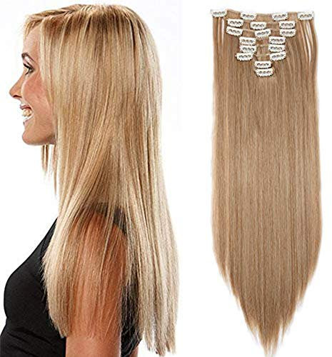 SEGO Clip in Extensions Haarverlängerung Haarteil 8 Tresssen wie Echthaar glatt Hell Aschbraun Mix Bleichblond 23(58cm)-140g