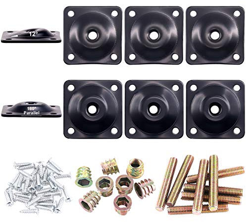 Glarks Lot de 8 plaques de montage plates noires pour pieds de meubles, 4 plaques plates et 4 plaques de fixation pour pieds de 12 degrés avec 40 boulons de suspension de 1,6 cm pour meubles, canapés,