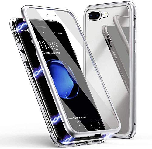 Case for iPhone 8 Plus / 7 Plus, Magnetic Adsorption Metal Bumper Frame Flip Cover , HD Clear Tempered Glass Front and Back Cover Metal Bumper 360゜Protection Anti-Scratch Shockproof Cover-(silver)
