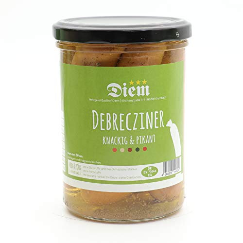 Debrecziner extra knackig pikant - frisch. – im Glas 5 Stück - im Weckglas 400g - 200g Abtropfgewicht