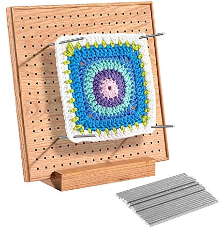 Mardili Handcrafted Red Oak Planks Wooden Knitting and Crochet Blocking Boards Mat with Grids (Full Kit with 30 4-inches Stainless Steel Rod Pins, Stand Included) (9.5 inches)