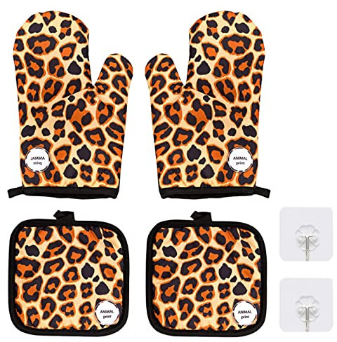 Oven Gloves Pot Holders, Heat Resistant Oven Mitts and Potholders Leopard Print Kitchen Oven Gloves Set 4pcs, with Hanging Hook 2pcs